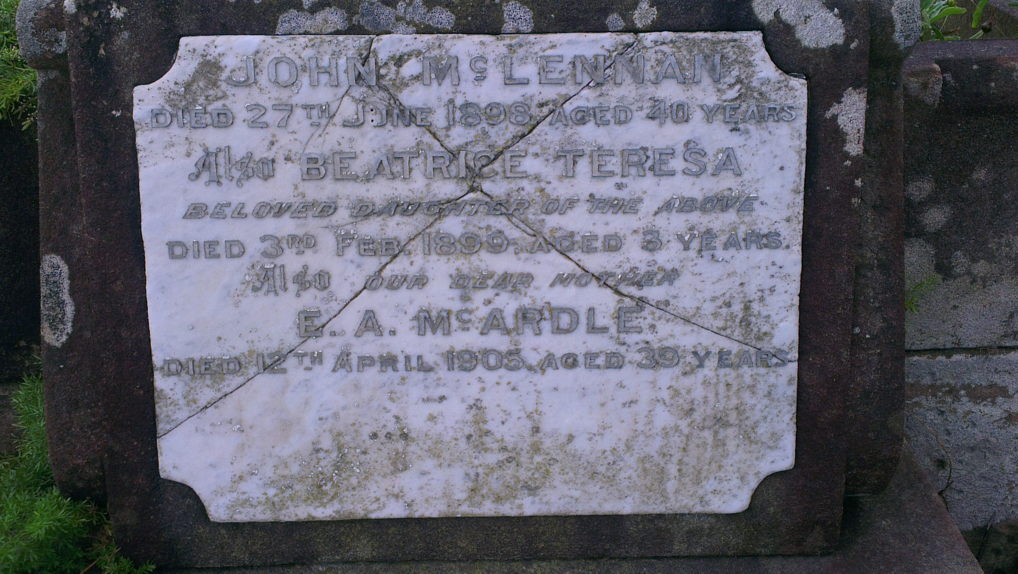 Photo of headstones/John McLennan d1898 hdstn close Waverley Syd